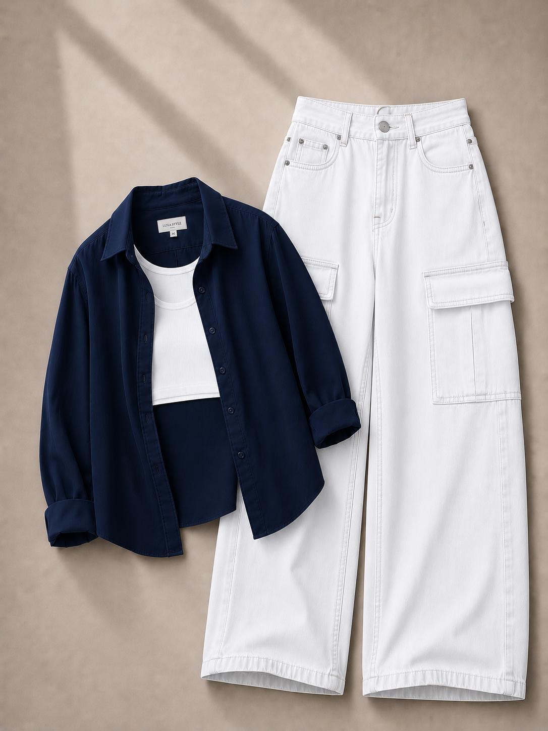 Navy-Blue Button-Down Shirt, White Tank Top & White Cargo Denim Jeans