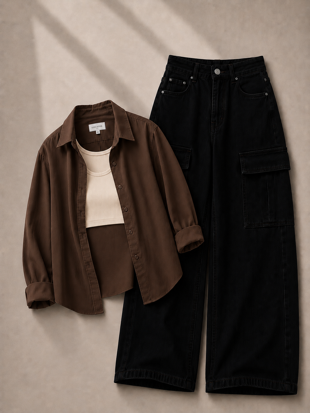 Brown Button-Down Shirt, Beige Tank Top & Black Cargo Denim Jeans
