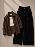 Brown Button-Down Shirt, Beige Tank Top & Black Cargo Denim Jeans