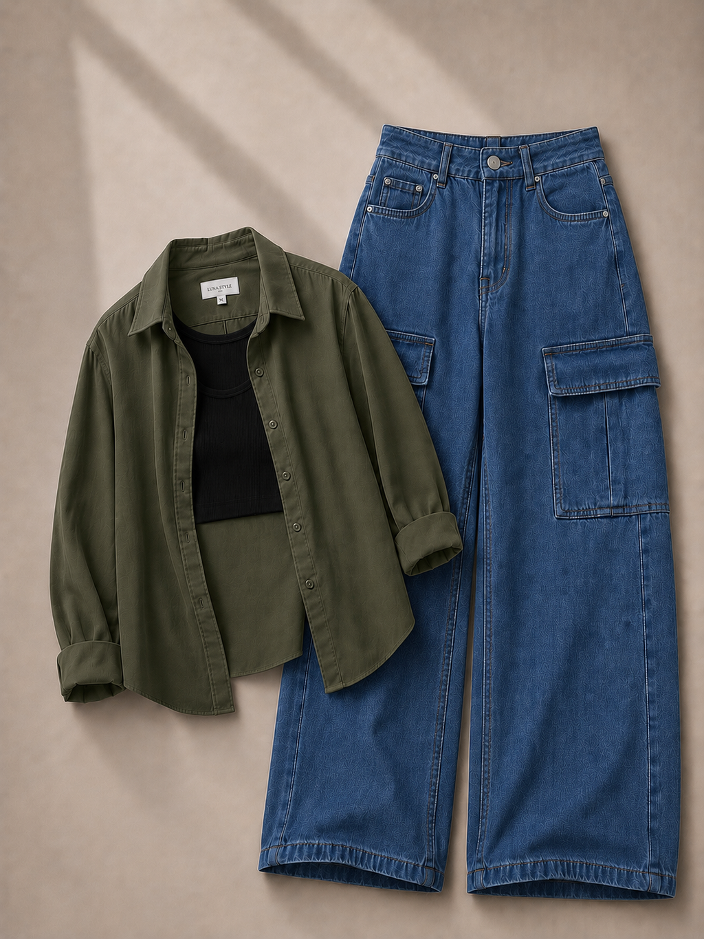 Olive-Green Button-Down Shirt, Black Tank Top & Dark-Blue Cargo Denim Jeans