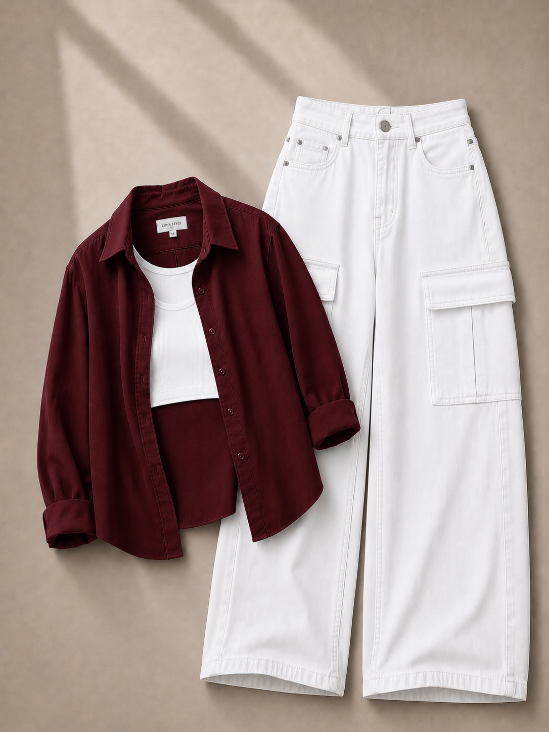 Maroon Button-Down Shirt, White Tank Top & White Cargo Denim Jeans