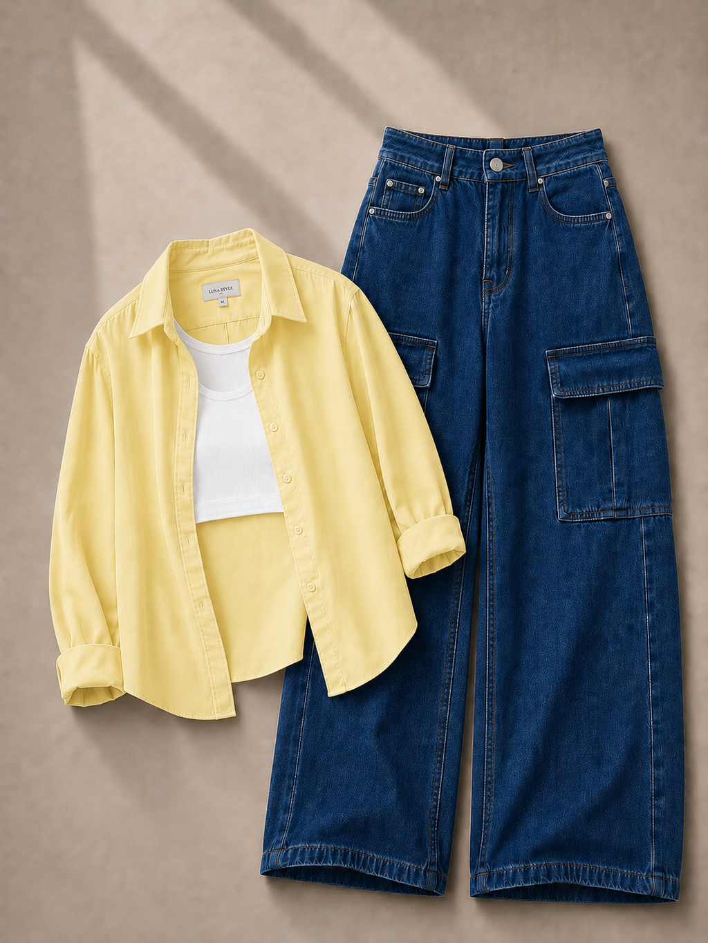 Lemon Button-Down Shirt, White Tank Top & Dark-Blue Cargo Denim Jeans