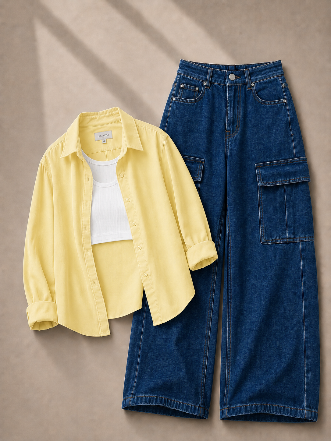 Lemon Button-Down Shirt, White Tank Top & Dark-Blue Cargo Denim Jeans