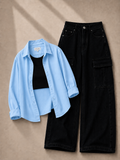Sky-Blue Button-Down Shirt, Black Tank Top & Black Cargo Denim Jeans