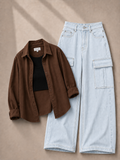Brown Button-Down Shirt, Black Tank Top & Ice-Blue Cargo Denim Jeans