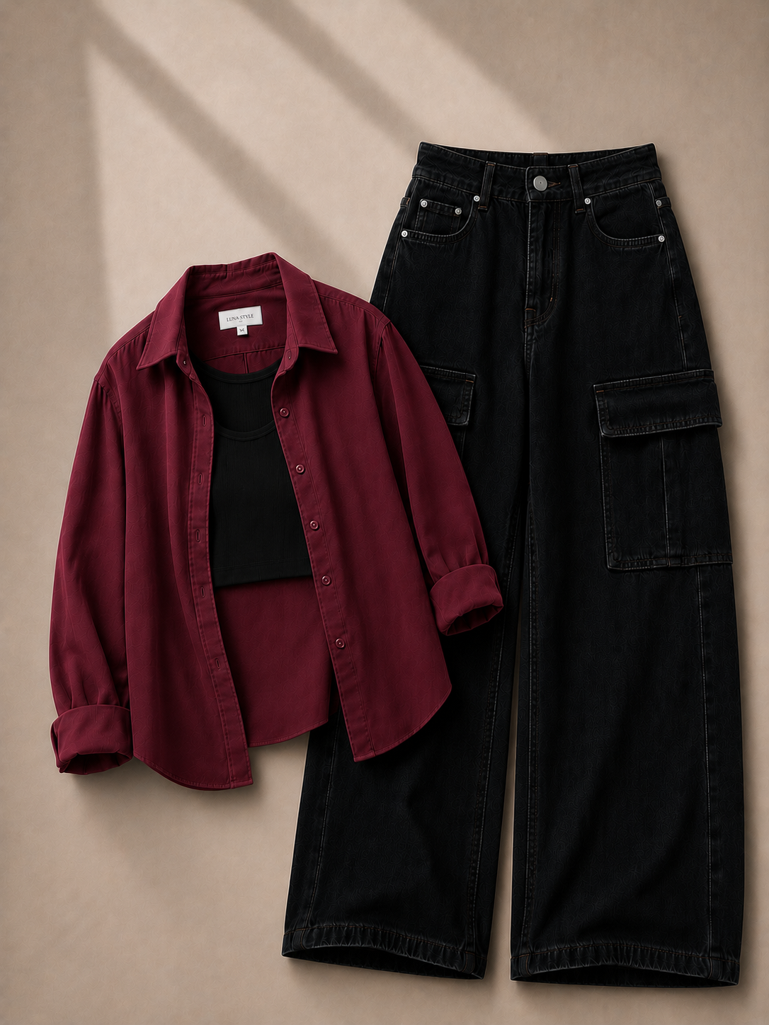 Maroon Button-Down Shirt, Black Tank Top & Black Cargo Denim Jeans