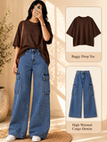 Brown Drop Shoulder T-shirt & Mid-Blue Cargo Jeans