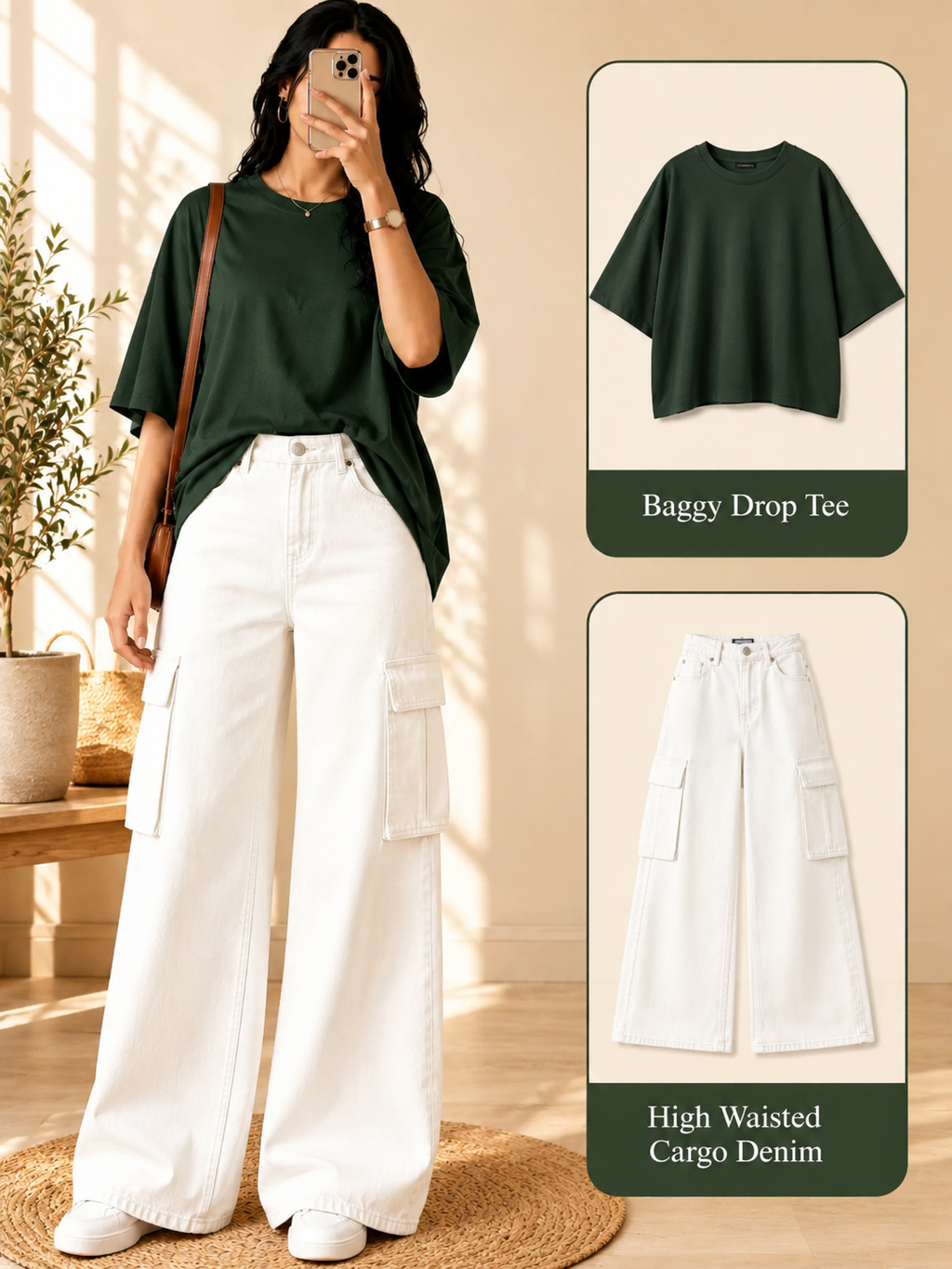 Olive-Green Drop Shoulder T-shirt & White Cargo Jeans