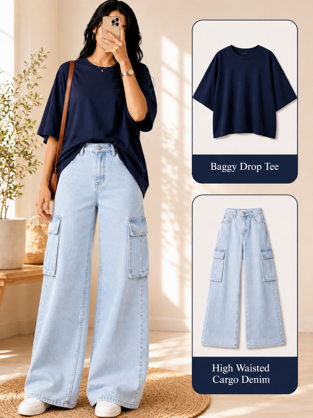 Navy-Blue Drop Shoulder T-shirt & Ice-Blue Cargo Jeans