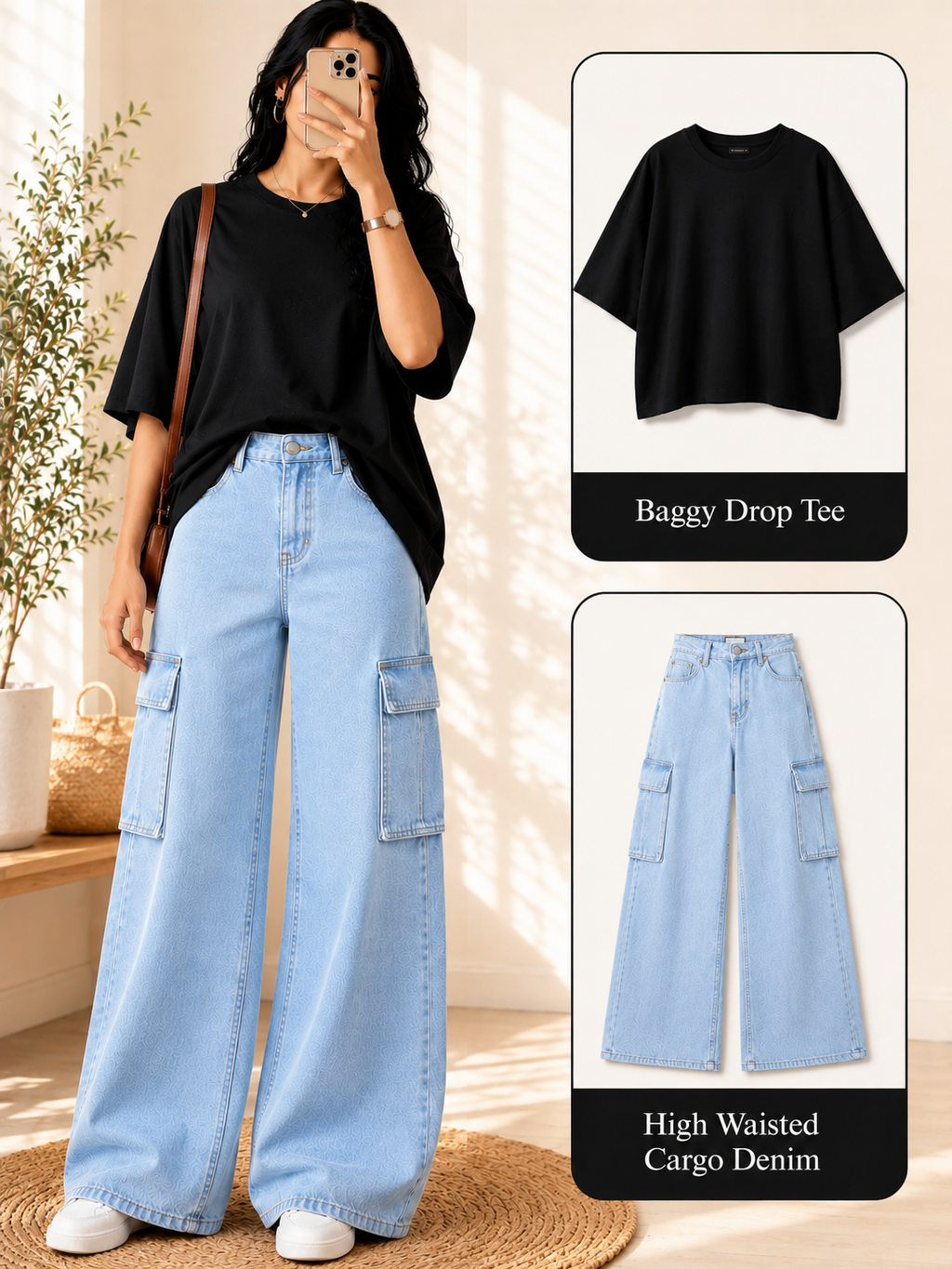 Black Drop Shoulder T-shirt & Ice-Blue Cargo Jeans