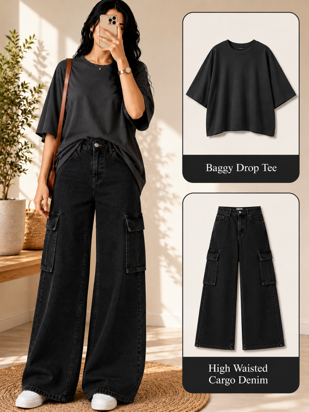 Charcoal Drop Shoulder T-shirt & Black Cargo Jeans