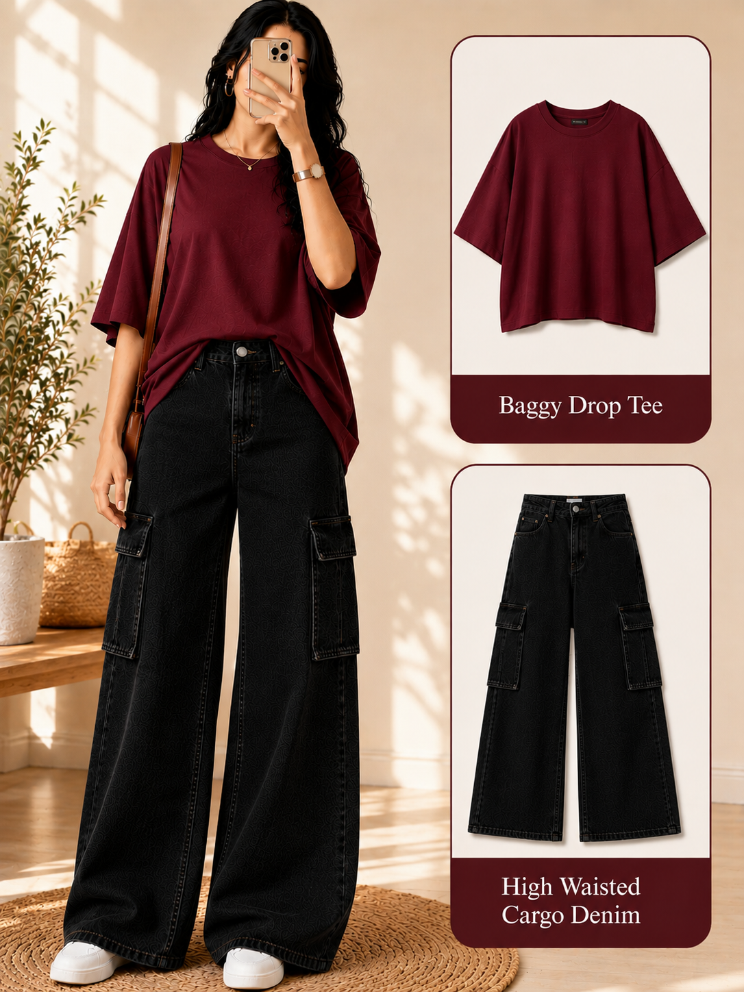Maroon Drop Shoulder T-shirt & Black Cargo Jeans