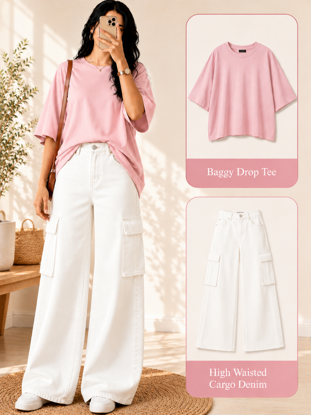 Baby-Pink Drop Shoulder T-shirt & White Cargo Jeans