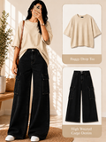 Beige Drop Shoulder T-shirt & Black Cargo Jeans