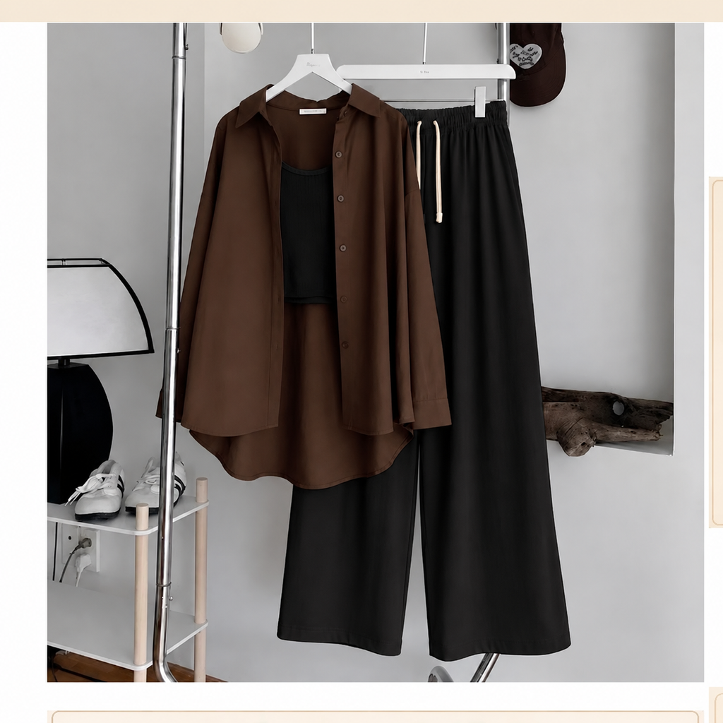 Brown Button Down , Black Inner & Black Flapper Trouser