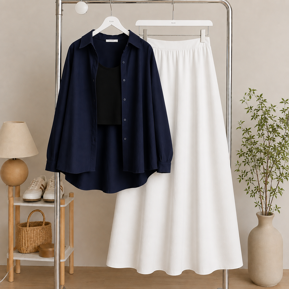 Dark Blue Button Down Shirt & Black Inner & Black Flowy Maxi Skirt