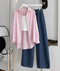 Baby-Pink Striped Button Down Shirt , White Inner & Faded Dark-Blue Wide Leg Jeans