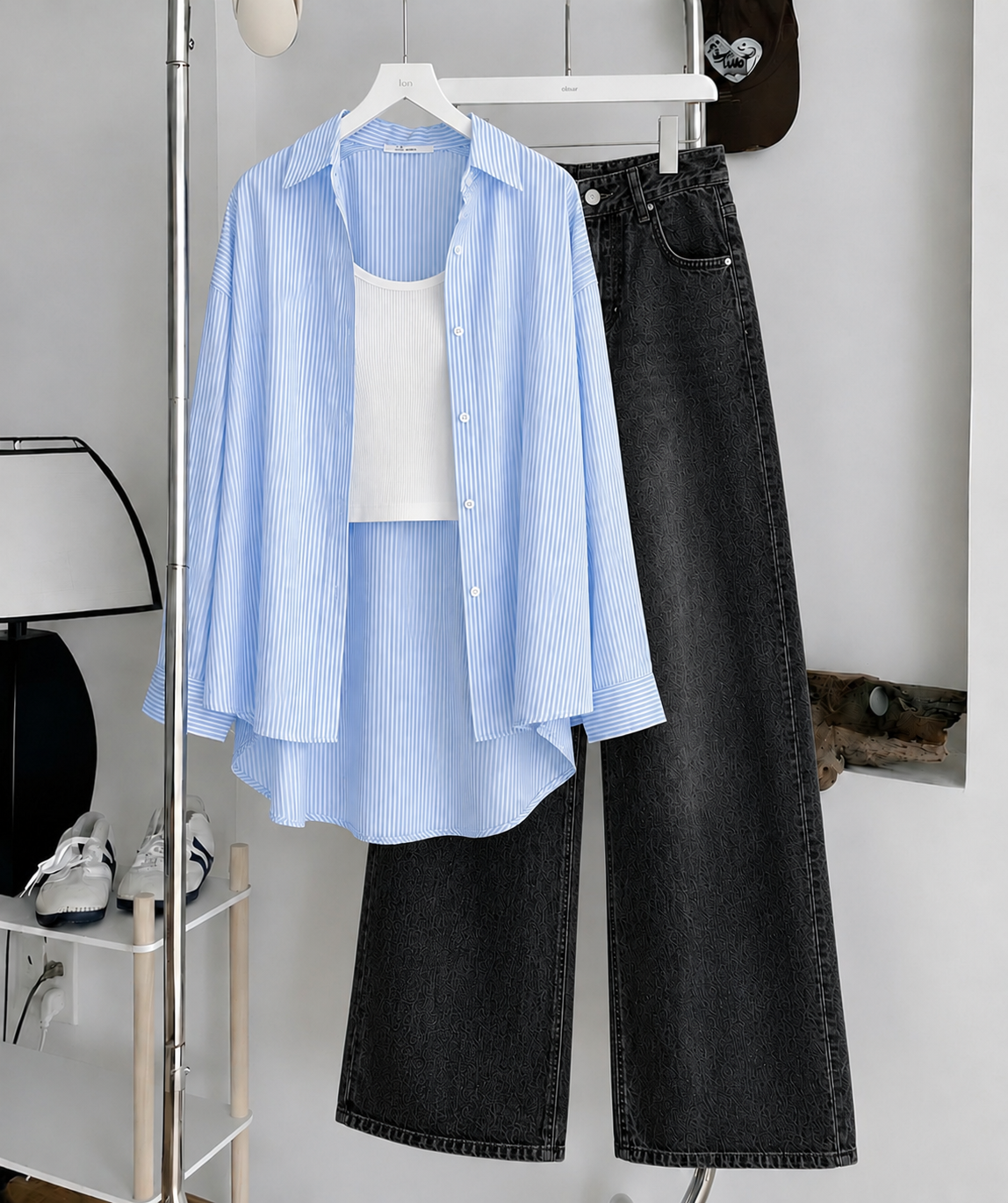 Sky-Blue Striped Button Down Shirt , White Inner & Faded Black Wide Leg Jeans