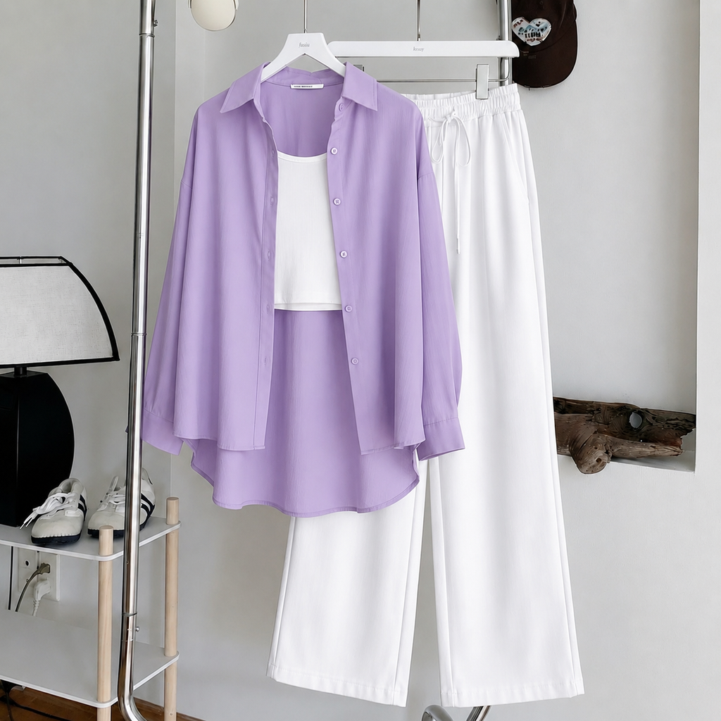 Lilac Button Down , White Inner & White Flapper Trouser