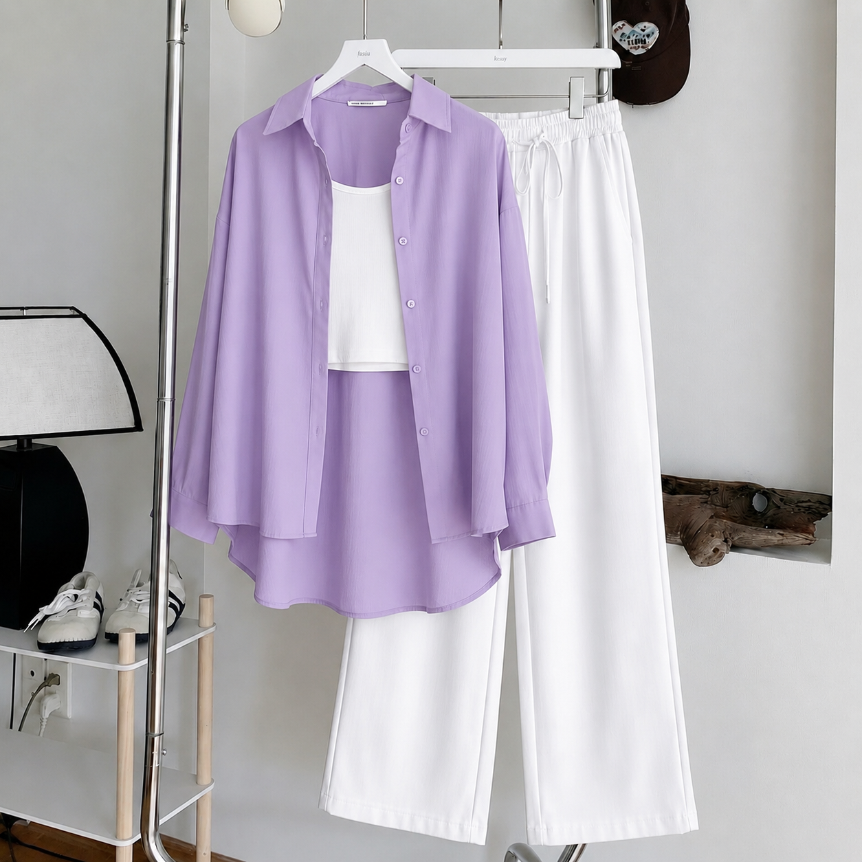 Lilac Button Down , White Inner & White Flapper Trouser
