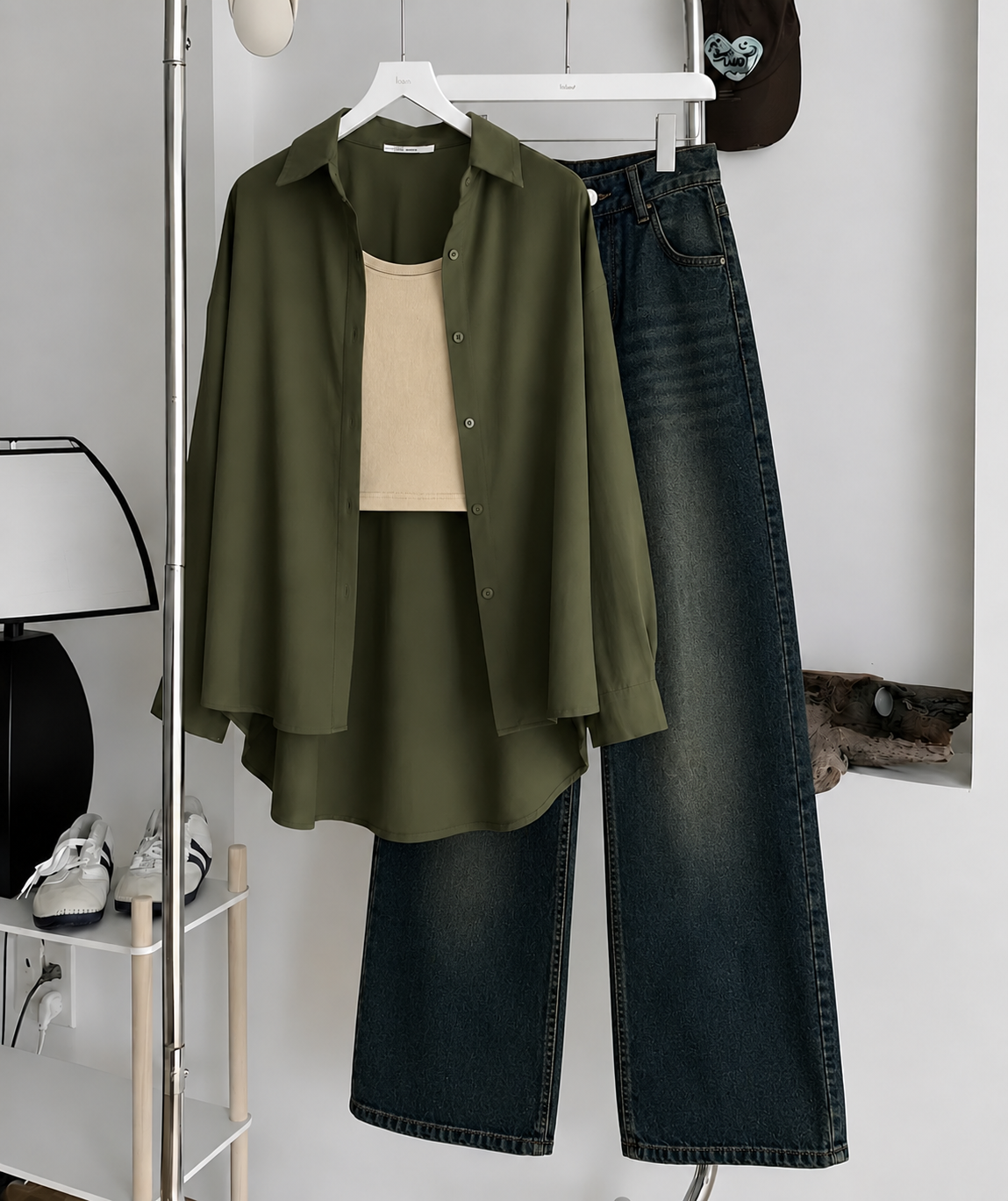 Olive Green Button Down With Beige Inner & Greenish Wide Leg Jeans