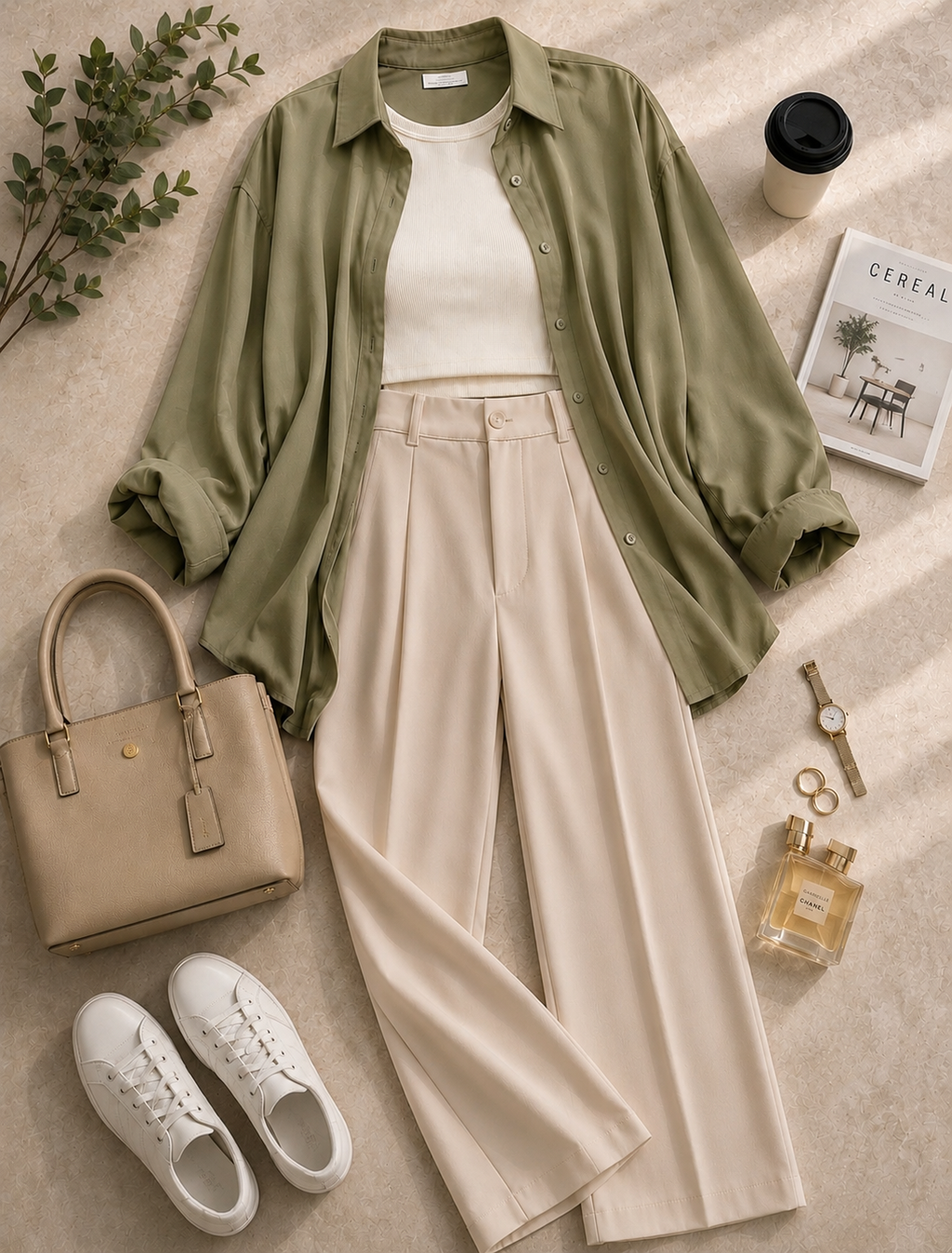 Olive-Green Button Down Shirt & White Inner & Beige Formal Pant