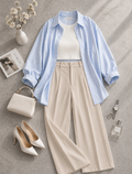 Sky-Blue Stripe Button Down Shirt & White Inner & Beige Formal Pant
