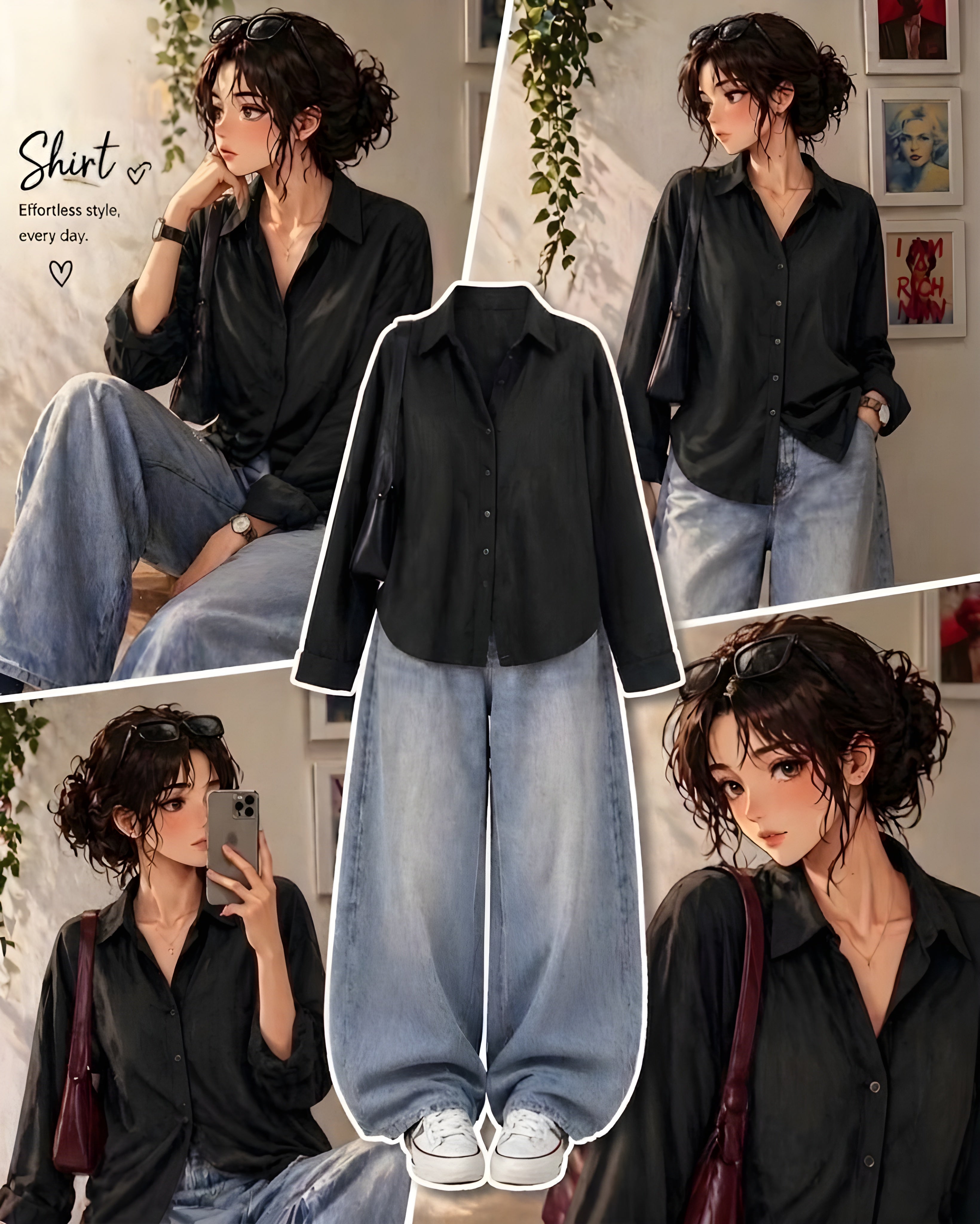 Black Button-Down Shirt With Sky Blue Vintage Wide Leg Jeans